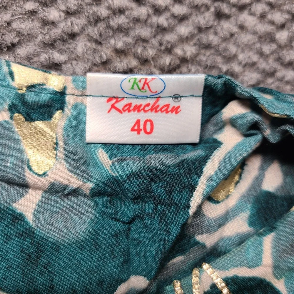 Kanchan Kids Teal Gold Foil Abstract Floral Embroidered Maxi Dress Size 40